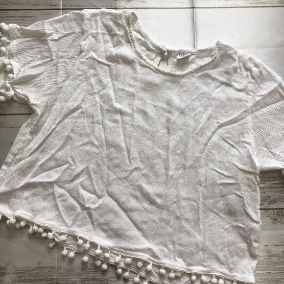 KELIKI HAWAII White Crinkle Crop Top Pom Pom Trim - Picture 3 of 9